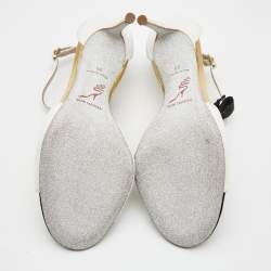 Pre Owned René Caovilla White/Black Lizard Embossed Leather Bow Crystals T Strap Pumps Size 39 