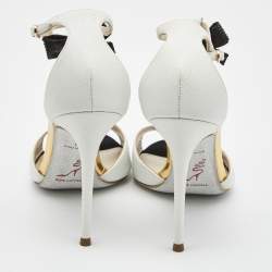Pre Owned René Caovilla White/Black Lizard Embossed Leather Bow Crystals T Strap Pumps Size 39 