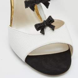 Pre Owned René Caovilla White/Black Lizard Embossed Leather Bow Crystals T Strap Pumps Size 39 