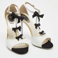 Pre Owned René Caovilla White/Black Lizard Embossed Leather Bow Crystals T Strap Pumps Size 39 