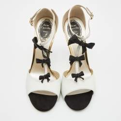 Pre Owned René Caovilla White/Black Lizard Embossed Leather Bow Crystals T Strap Pumps Size 39 