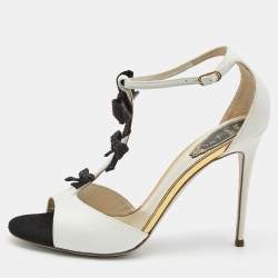 Pre Owned René Caovilla White/Black Lizard Embossed Leather Bow Crystals T Strap Pumps Size 39 