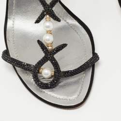 Pre Owned Rene Caovilla Black Satin Embellished Ankle Strap Sandals Size 40