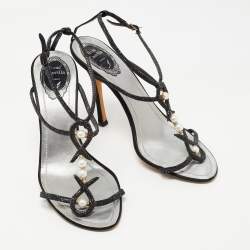 Pre Owned Rene Caovilla Black Satin Embellished Ankle Strap Sandals Size 40