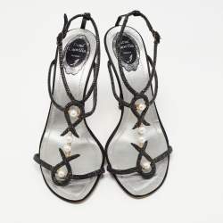 Pre Owned Rene Caovilla Black Satin Embellished Ankle Strap Sandals Size 40