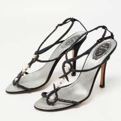 Pre Owned Rene Caovilla Black Satin Embellished Ankle Strap Sandals Size 40