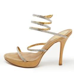 René Caovilla Gold Crystal Embellished Fabric Cleo Platform Sandals Size 37.5