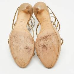 Pre Owned René Caovilla Gold Crystal Embellished Fabric Cleo Platform Sandals Size 37.5