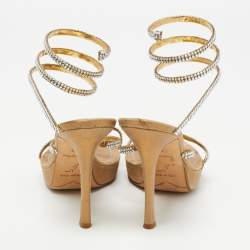 Pre Owned René Caovilla Gold Crystal Embellished Fabric Cleo Platform Sandals Size 37.5