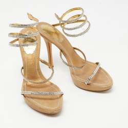Pre Owned René Caovilla Gold Crystal Embellished Fabric Cleo Platform Sandals Size 37.5