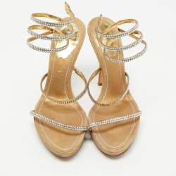 Pre Owned René Caovilla Gold Crystal Embellished Fabric Cleo Platform Sandals Size 37.5