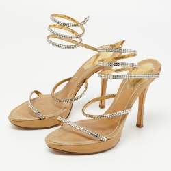 Pre Owned René Caovilla Gold Crystal Embellished Fabric Cleo Platform Sandals Size 37.5