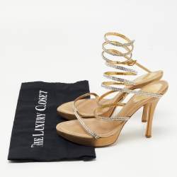 Pre Owned René Caovilla Gold Crystal Embellished Fabric Cleo Platform Sandals Size 37.5