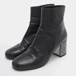 Pre Owned René Caovilla Black Leather Ankle Length Boots Size 37.5