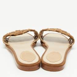 Rene Caovilla Metallic Brown Woven Satin Crystal Embellished Flat Slides Size 40