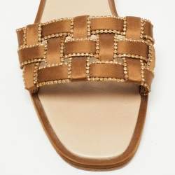 Rene Caovilla Metallic Brown Woven Satin Crystal Embellished Flat Slides Size 40