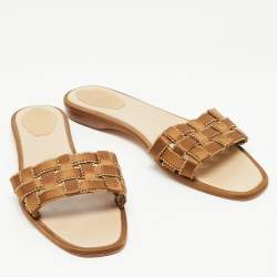 Rene Caovilla Metallic Brown Woven Satin Crystal Embellished Flat Slides Size 40