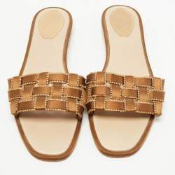 Rene Caovilla Metallic Brown Woven Satin Crystal Embellished Flat Slides Size 40