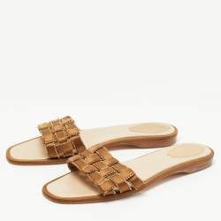 Rene Caovilla Metallic Brown Woven Satin Crystal Embellished Flat Slides Size 40