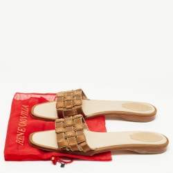 Rene Caovilla Metallic Brown Woven Satin Crystal Embellished Flat Slides Size 40