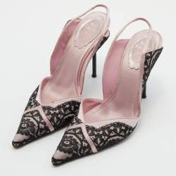 مملوكة مسبقًا René Caovilla Black/Pink Lace and Satin Pointed Toe Slingback Pumps Size 37