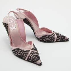 مملوكة مسبقًا René Caovilla Black/Pink Lace and Satin Pointed Toe Slingback Pumps Size 37