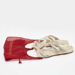 Pre Owned Rene Caovilla White Satin and Leather Embellished Flat Slides Size 41