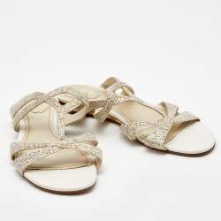 Pre Owned Rene Caovilla White Satin and Leather Embellished Flat Slides Size 41
