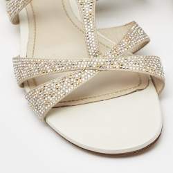 Pre Owned Rene Caovilla White Satin and Leather Embellished Flat Slides Size 41