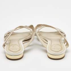 Pre Owned Rene Caovilla White Satin and Leather Embellished Flat Slides Size 41