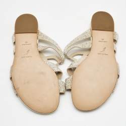 Pre Owned Rene Caovilla White Satin and Leather Embellished Flat Slides Size 41