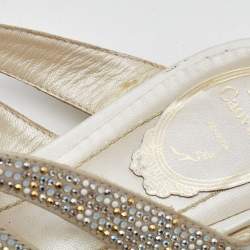 Pre Owned Rene Caovilla White Satin and Leather Embellished Flat Slides Size 41
