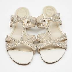 Pre Owned Rene Caovilla White Satin and Leather Embellished Flat Slides Size 41