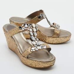 René Caovilla Gold Snakeskin Crystal Embellished Wedge Sandals Size 39