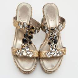 René Caovilla Gold Snakeskin Crystal Embellished Wedge Sandals Size 39