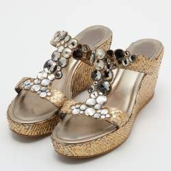 René Caovilla Gold Snakeskin Crystal Embellished Wedge Sandals Size 39