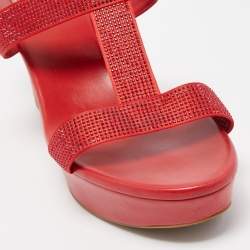 René Caovilla Red Crystal Embellished Satin Wedge Platform Sandals Size 41