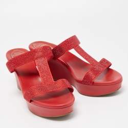 René Caovilla Red Crystal Embellished Satin Wedge Platform Sandals Size 41
