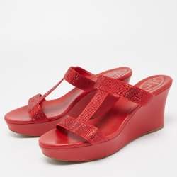 René Caovilla Red Crystal Embellished Satin Wedge Platform Sandals Size 41