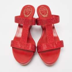 René Caovilla Red Crystal Embellished Satin Wedge Platform Sandals Size 41
