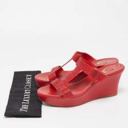 René Caovilla Red Crystal Embellished Satin Wedge Platform Sandals Size 41