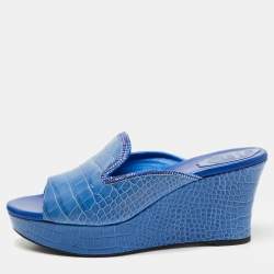 René Caovilla Blue Croc Embossed Leather Wedge Platform Slides Size 40   