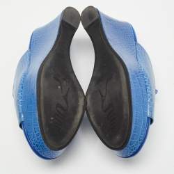 René Caovilla Blue Croc Embossed Leather Wedge Platform Slides Size 40   
