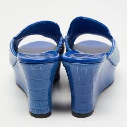 René Caovilla Blue Croc Embossed Leather Wedge Platform Slides Size 40   