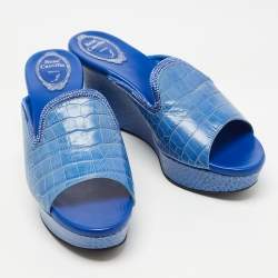 René Caovilla Blue Croc Embossed Leather Wedge Platform Slides Size 40   