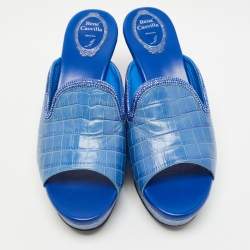 René Caovilla Blue Croc Embossed Leather Wedge Platform Slides Size 40   