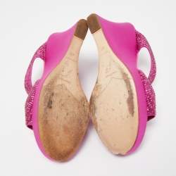 Pre Owned René Caovilla Pink Satin Crystal Embellished Wedge Slide Sandals Size 41