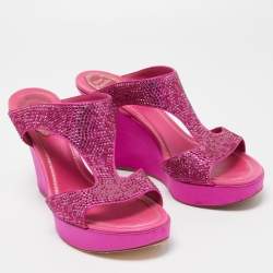 Pre Owned René Caovilla Pink Satin Crystal Embellished Wedge Slide Sandals Size 41