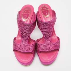 Pre Owned René Caovilla Pink Satin Crystal Embellished Wedge Slide Sandals Size 41
