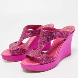 Pre Owned René Caovilla Pink Satin Crystal Embellished Wedge Slide Sandals Size 41